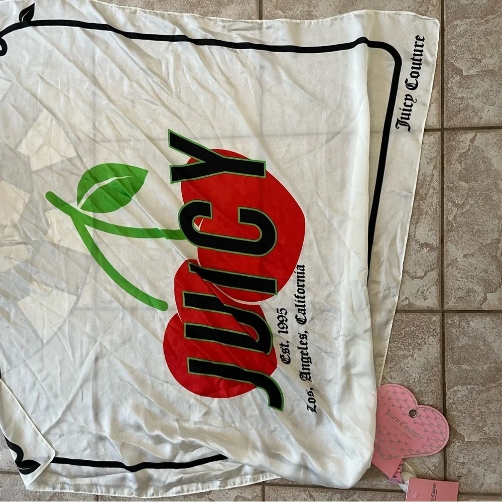 Juicy Couture Scarf Silk Red Cherry Print Logo NEW  36”